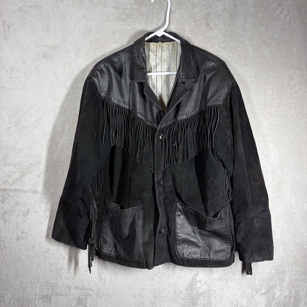 Vintage Fringe Western Jacket Black Leather Suede Size 48 Oversized Shabby Chic